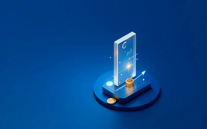 Deep navy editorial cover — a right-weighted frosted-glass dashboard monolith with floating translucent chart tiles (bars, gauge ring, rising curve), a gold sparkline climbing the glass, and a coin stack at the base; left field open for the title.