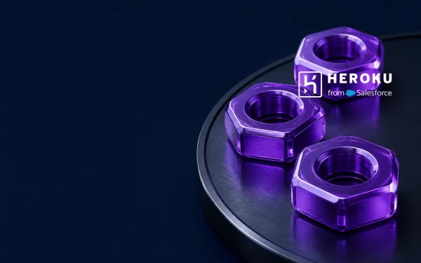 Deep navy Chinaready Insights cover with a right-weighted cluster of glossy purple hexagonal PaaS dyno prisms on a dark tray, paired with the official Heroku lockup at about one-third height on the right; left field open for title scrim; no headline text in the image.