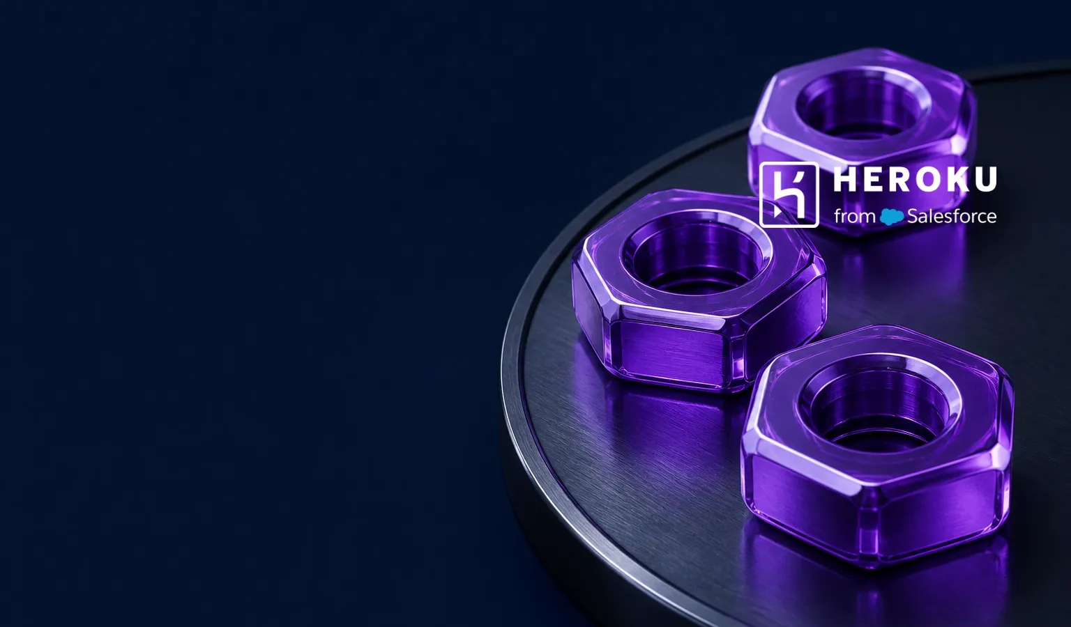 Deep navy Chinaready Insights cover with a right-weighted cluster of glossy purple hexagonal PaaS dyno prisms on a dark tray, paired with the official Heroku lockup at about one-third height on the right; left field open for title scrim; no headline text in the image.