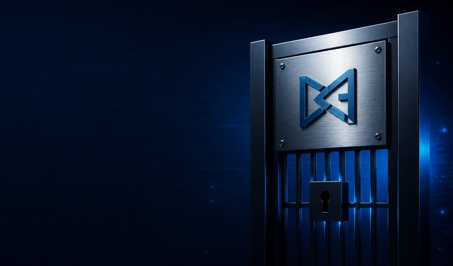 Deep navy Chinaready Insights cover with a right-weighted brushed-metal brand nameplate on a lock-and-gate frame; left field open for title scrim; no headline text or Chinese characters in the image.