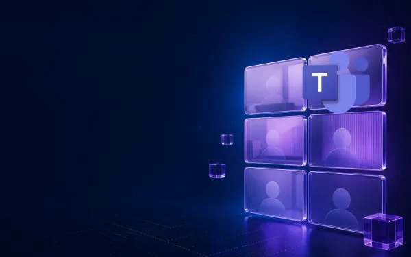 Deep navy Chinaready Insights cover with a right-weighted cluster of glossy purple Teams meeting-grid tiles, paired with the official Microsoft Teams product mark at about one-third height on the right; left field open for title scrim; no headline text in the image.