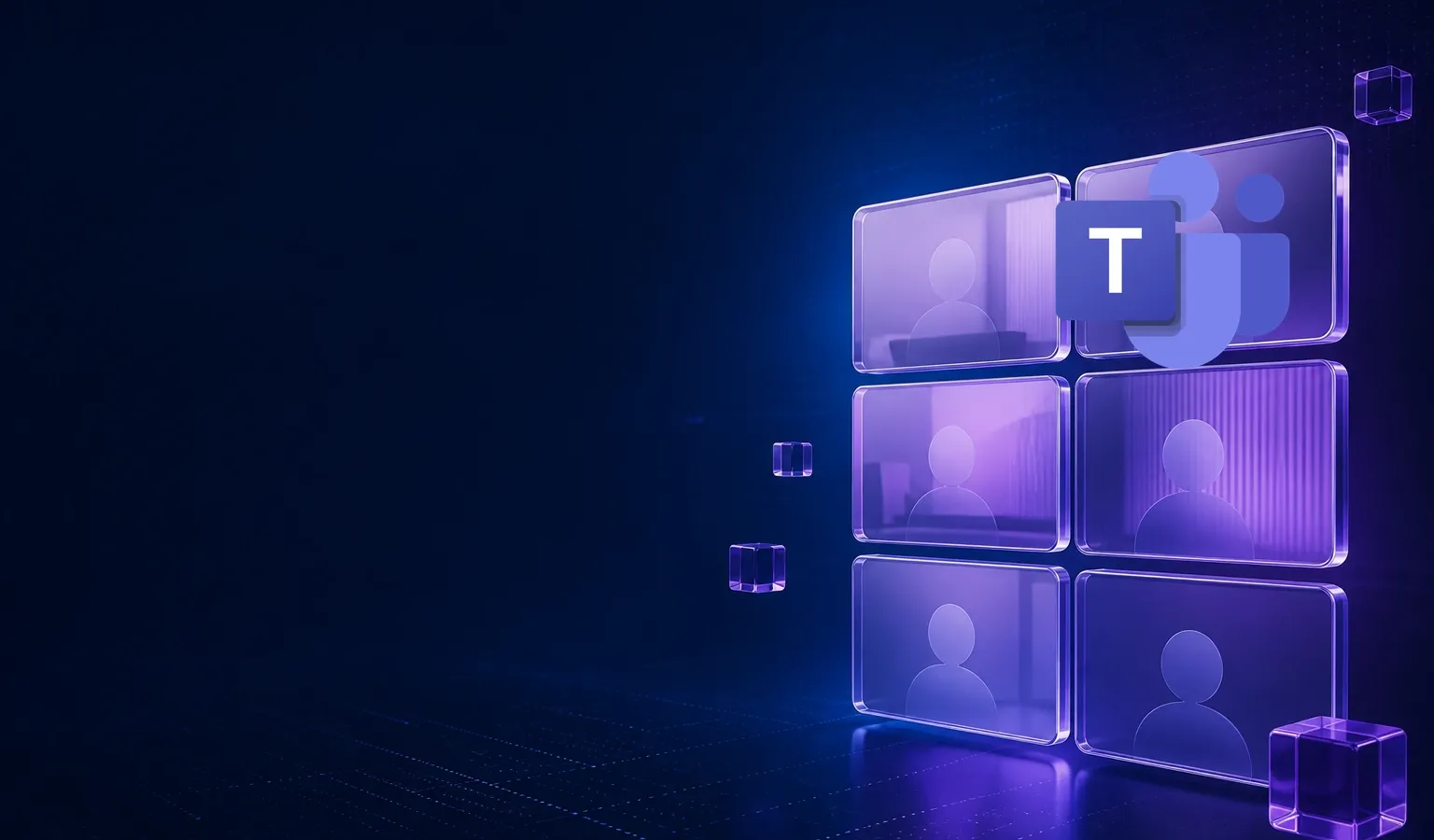 Deep navy Chinaready Insights cover with a right-weighted cluster of glossy purple Teams meeting-grid tiles, paired with the official Microsoft Teams product mark at about one-third height on the right; left field open for title scrim; no headline text in the image.