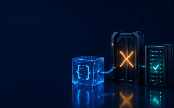 Deep navy Chinaready Insights cover with a right-weighted JSON API cube stalled at a closed gateway beside a lit China-reachable API origin rack; left field open for title scrim; no headline text in the image.