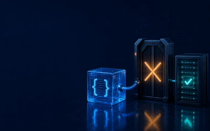 Deep navy Chinaready Insights cover with a right-weighted JSON API cube stalled at a closed gateway beside a lit China-reachable API origin rack; left field open for title scrim; no headline text in the image.
