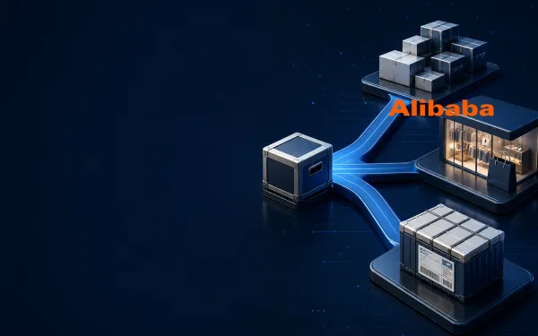 Deep navy Chinaready Insights cover with a right-weighted three-rail marketplace fork — wholesale cartons, a brand storefront, and a cross-border shipping crate — paired with the official Alibaba English wordmark at about one-third height on the right; left field open for title scrim; no headline text in the image.