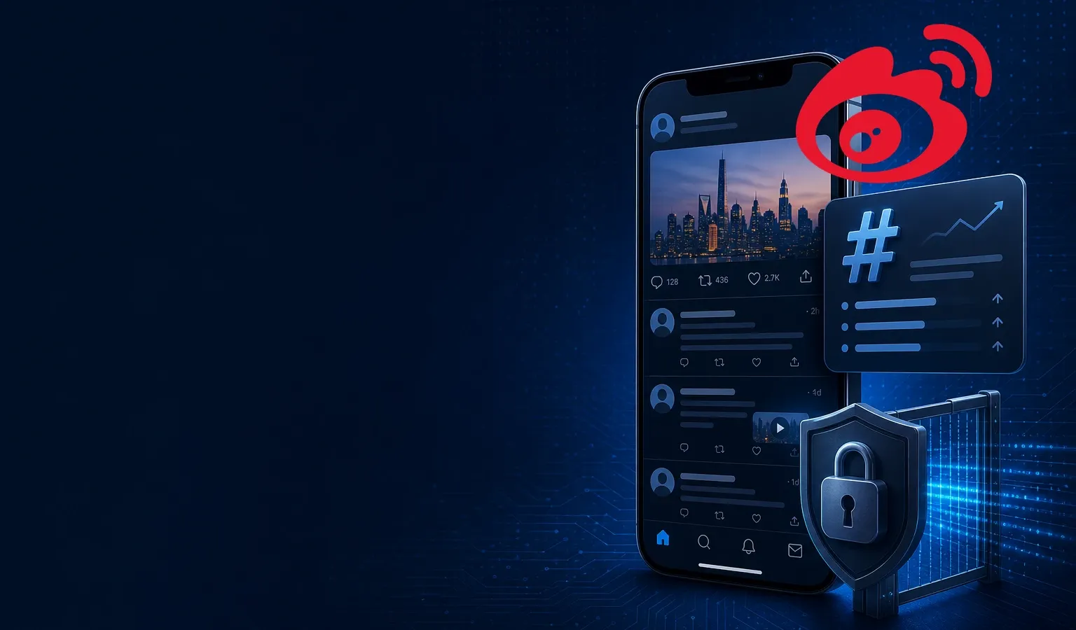 Deep navy Chinaready Insights cover with a right-weighted free-floating official Weibo (Sina Weibo) logo mark fully visible, paired with a microblog phone feed, trending-topic card, and lock-gate spend motif; left field open for title scrim; English-only UI glyphs; no Chinese characters or article headline text in the image.