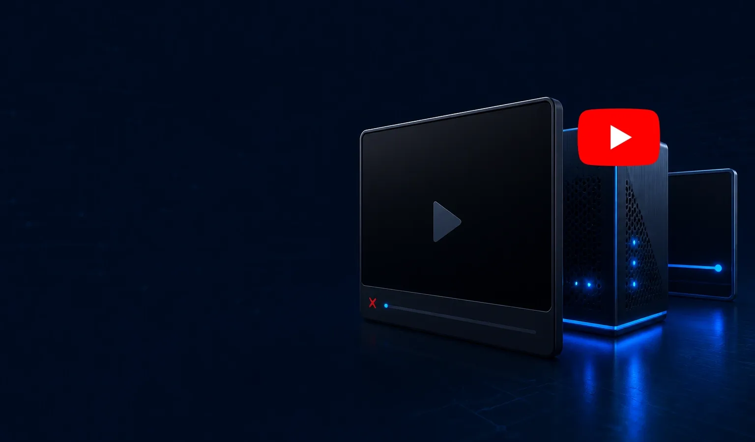 Deep navy Chinaready Insights cover with a right-weighted empty video-player frame beside a China-reachable origin cube, paired with the official YouTube play-button mark; left field open for title scrim; no headline text in the image.