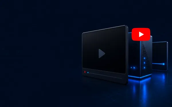 Deep navy Chinaready Insights cover with a right-weighted empty video-player frame beside a China-reachable origin cube, paired with the official YouTube play-button mark; left field open for title scrim; no headline text in the image.