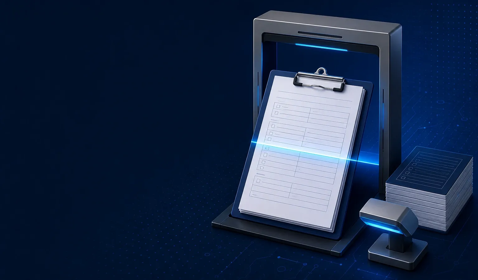 Deep navy Chinaready Insights cover with a right-weighted clipboard assessment form inside a document scanner gate, stacked questionnaires, and a scan pedestal; left field open for title scrim; no headline text in the image.
