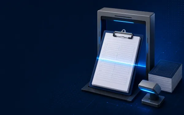 Deep navy Chinaready Insights cover with a right-weighted clipboard assessment form inside a document scanner gate, stacked questionnaires, and a scan pedestal; left field open for title scrim; no headline text in the image.