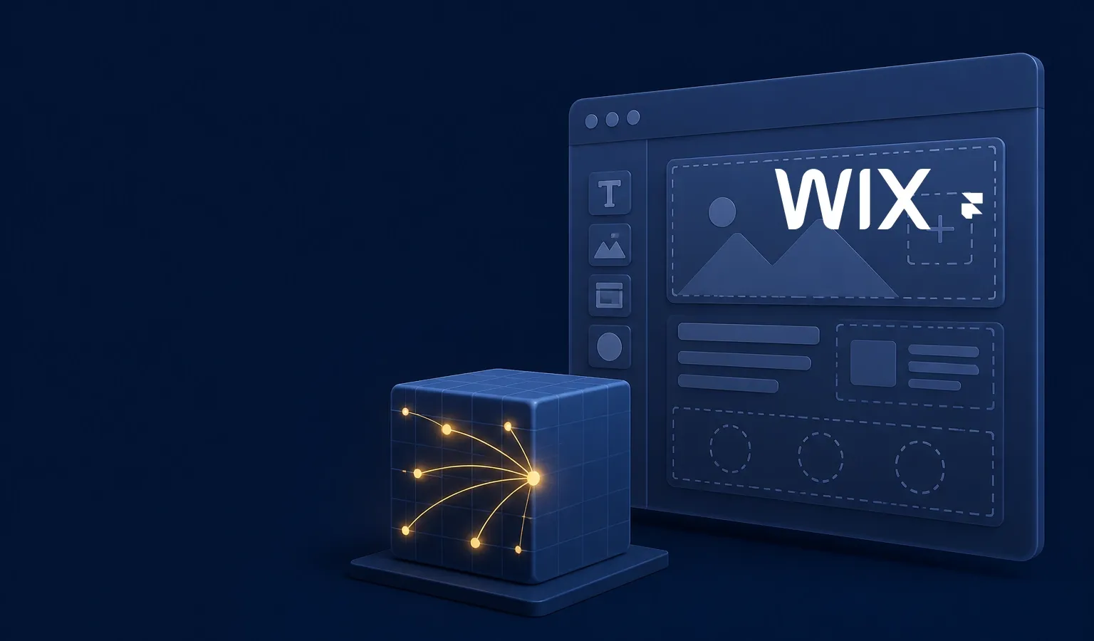 Deep navy Chinaready Insights cover with a right-weighted stalled website-builder canvas beside a China-reachable origin cube, paired with the official Wix mark at about one-third height on the right and a Framer mark in the same cluster; left field open for title scrim; no headline text in the image.