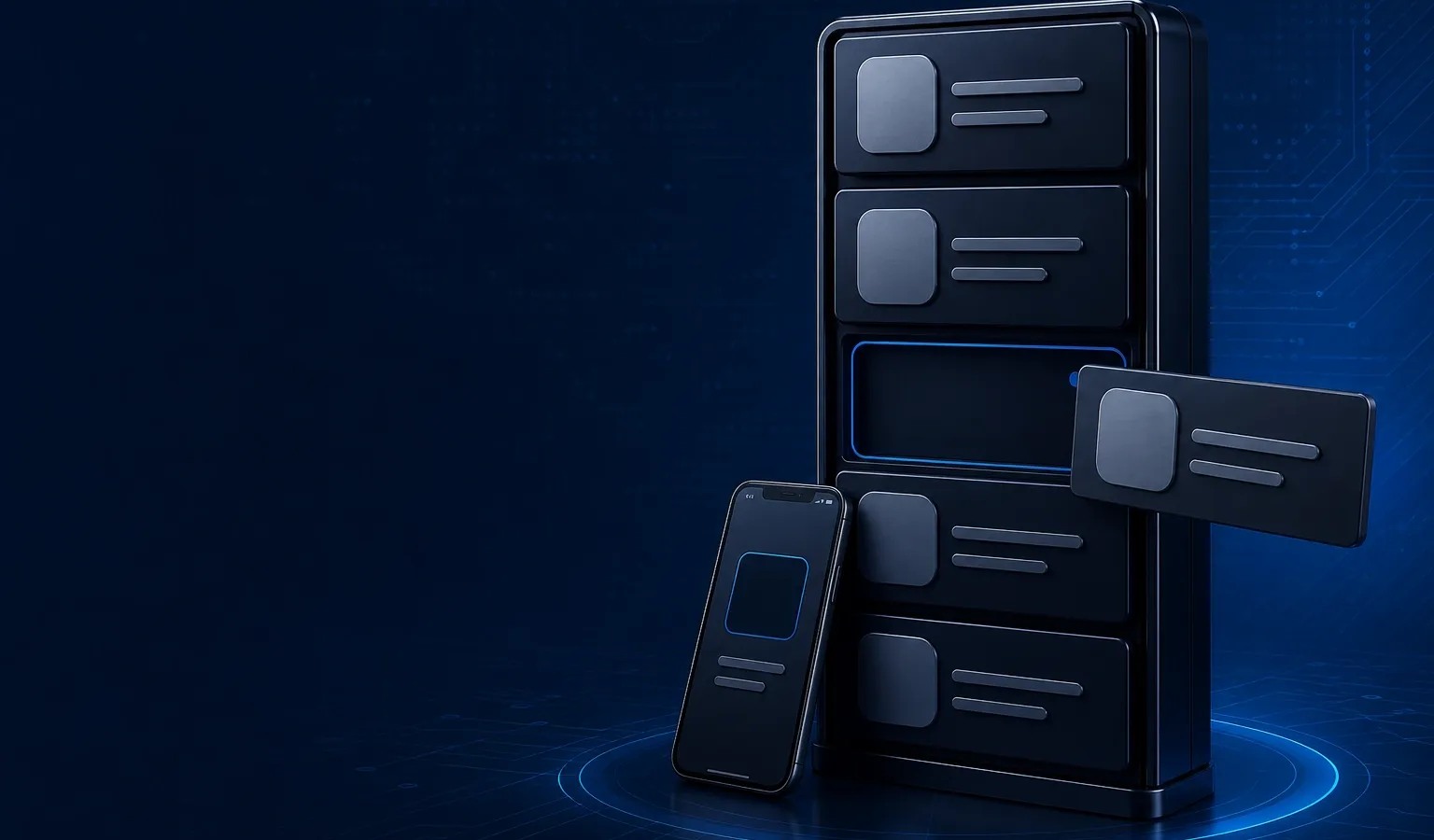 Deep navy Chinaready Insights cover with a right-weighted listed-then-delisted store shelf — stacked listing drawers, one card pulled out leaving an empty blue-outlined slot, phone at the shelf base; left field open for title scrim; no headline text, no Chinese characters, no rejection stamp.