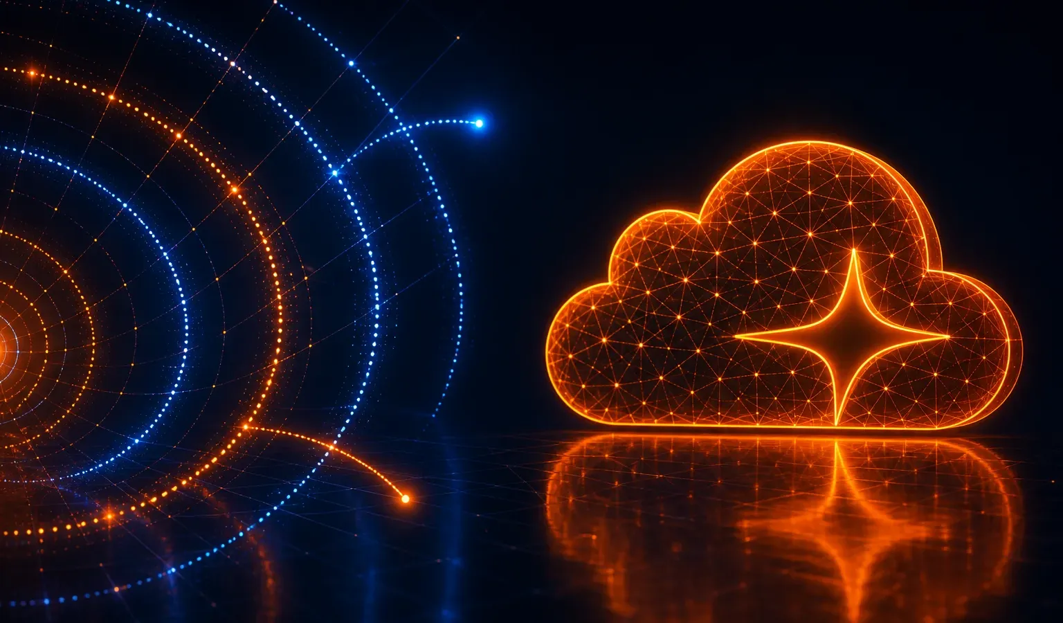 A glowing wireframe Cloudflare cloud logo in orange on a deep navy background, with concentric security-ring arcs on the left — dual-path edge motif, not horizontal streams through a light barrier.
