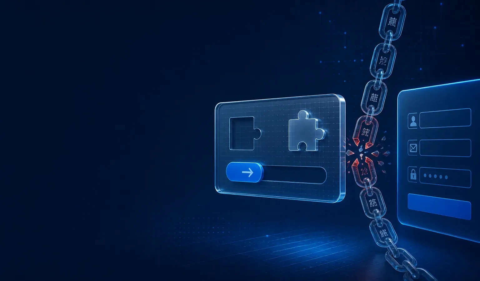 Deep navy Chinaready Insights cover with a right-weighted glass CAPTCHA puzzle tile, broken overseas script chain, and reachable form panel; left field open for title scrim; no headline text in the image.