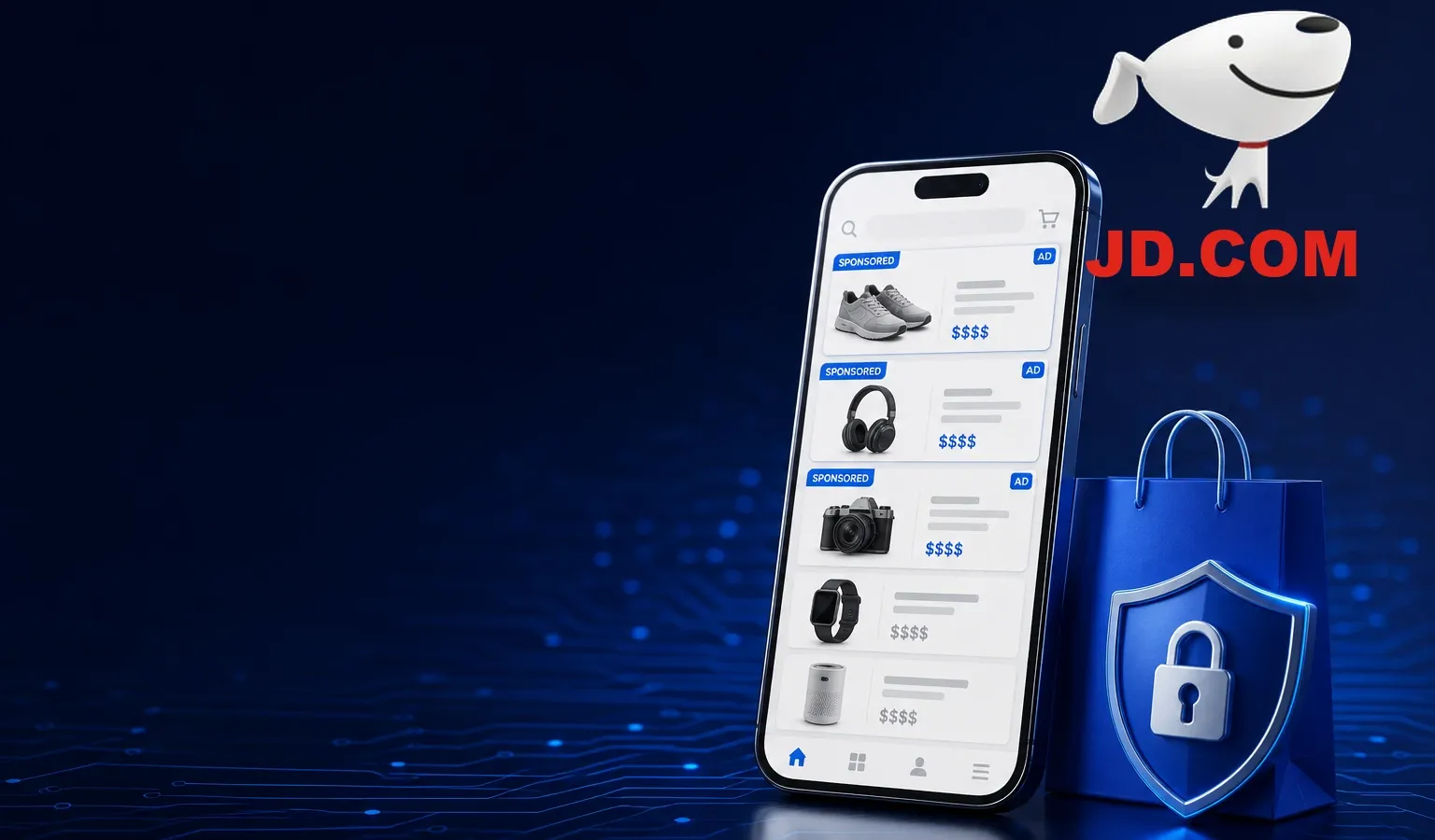 Deep navy Chinaready Insights cover with a right-weighted free-floating official JD.COM logo (Joy dog mark and full JD.COM wordmark, no plate) paired with a sponsored-product phone rail, shopping bag, and lock-shield gate; left field open for title scrim; English-only UI glyphs; no Chinese characters or article headline text in the image.