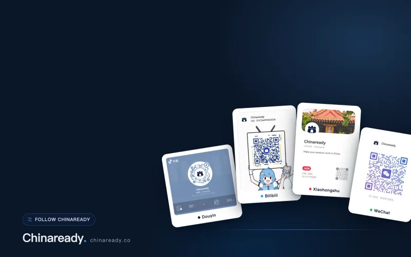 Deep navy Chinaready cover with four white platform QR-code cards — Douyin, Bilibili, Xiaohongshu, and WeChat — fanned in a rising arc across the right side, each card showing the Chinaready account name and a scannable follow code with a colored platform dot; left half kept as clean navy for the title scrim; a FOLLOW CHINAREADY pill and the chinaready.co wordmark sit bottom left; no headline text.