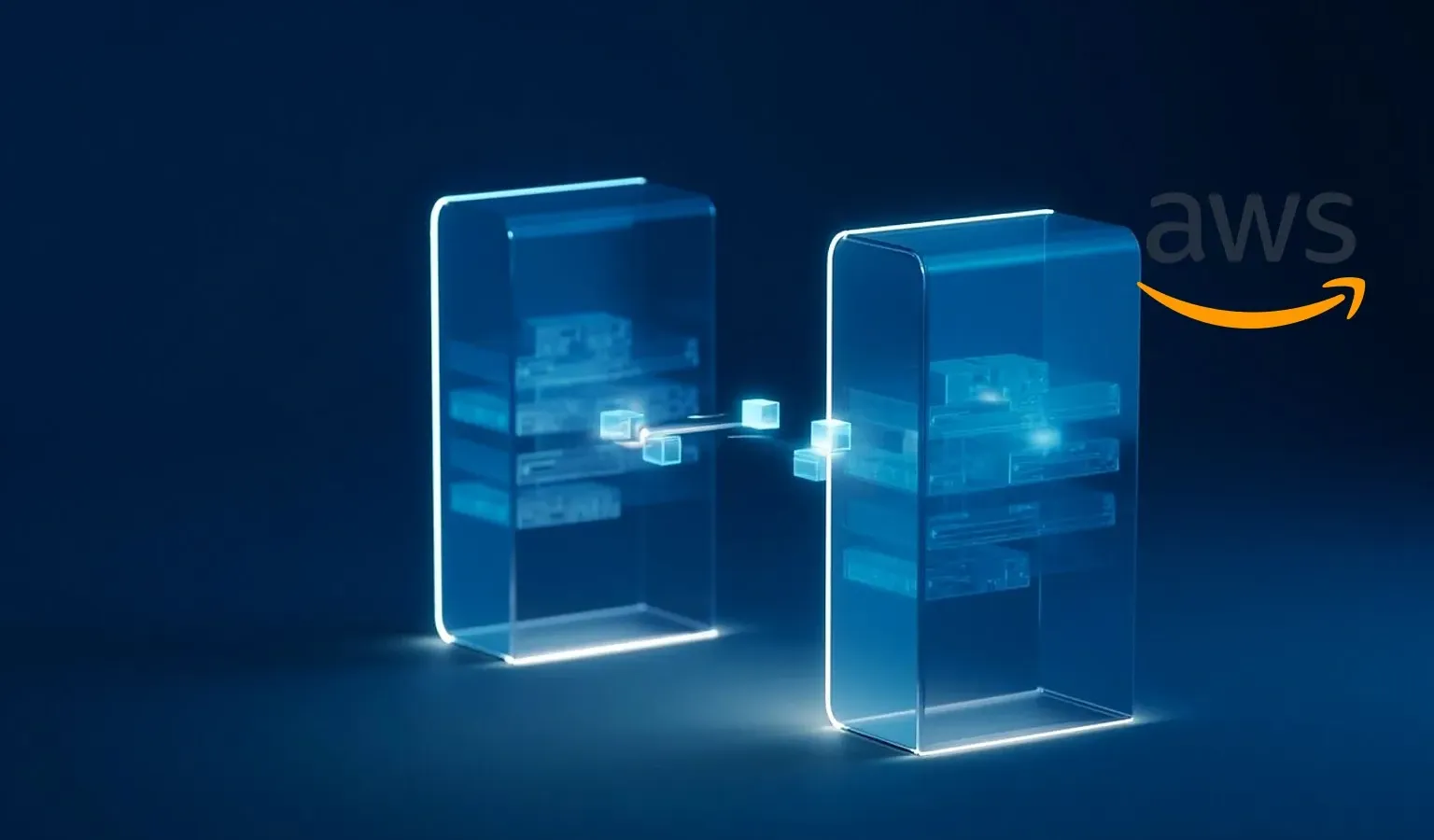 Editorial cover — two frosted-glass storage towers on a navy field, objects streaming left to right along a light beam from the AWS tower into the Alibaba Cloud tower, an amber verification gate on the beam; the AWS mark floats upper right and the left half stays clear for the title.