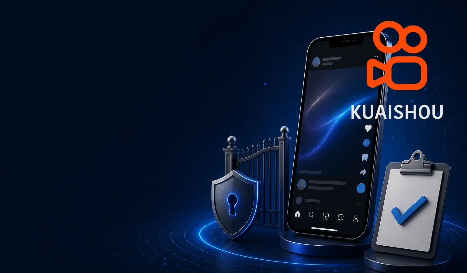Deep navy Chinaready Insights cover with a right-weighted free-floating official Kuaishou orange camera mark and English KUAISHOU wordmark (fully visible, no plate) paired with a short-video phone feed and lock-gate motif; left field open for title scrim; English-only UI glyphs; no Chinese characters or article headline text in the image.
