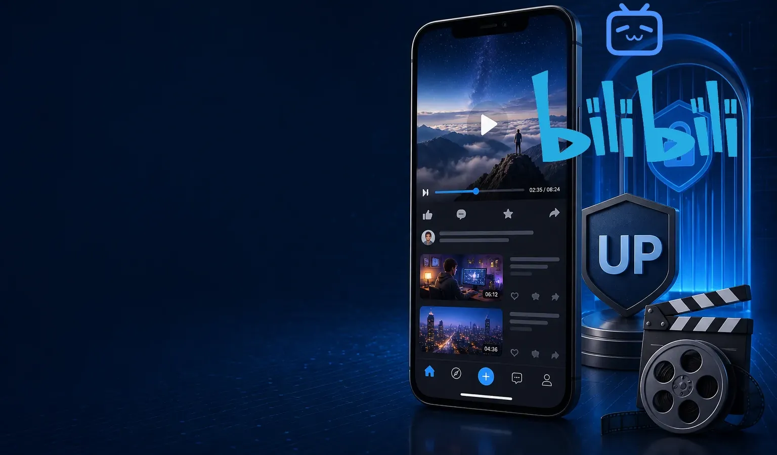 Deep navy Chinaready Insights cover with a right-weighted free-floating official Bilibili TV icon and cyan bilibili wordmark (fully visible, no plate) paired with a vertical video phone feed, UP shield, clapperboard, and lock-gate motif; left field open for title scrim; English-only UI glyphs; no Chinese characters or article headline text in the image.