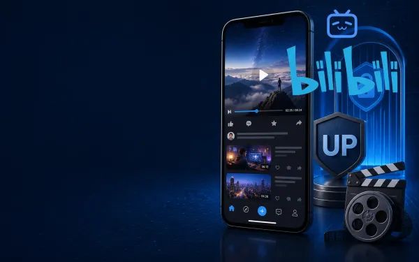 Deep navy Chinaready Insights cover with a right-weighted free-floating official Bilibili TV icon and cyan bilibili wordmark (fully visible, no plate) paired with a vertical video phone feed, UP shield, clapperboard, and lock-gate motif; left field open for title scrim; English-only UI glyphs; no Chinese characters or article headline text in the image.