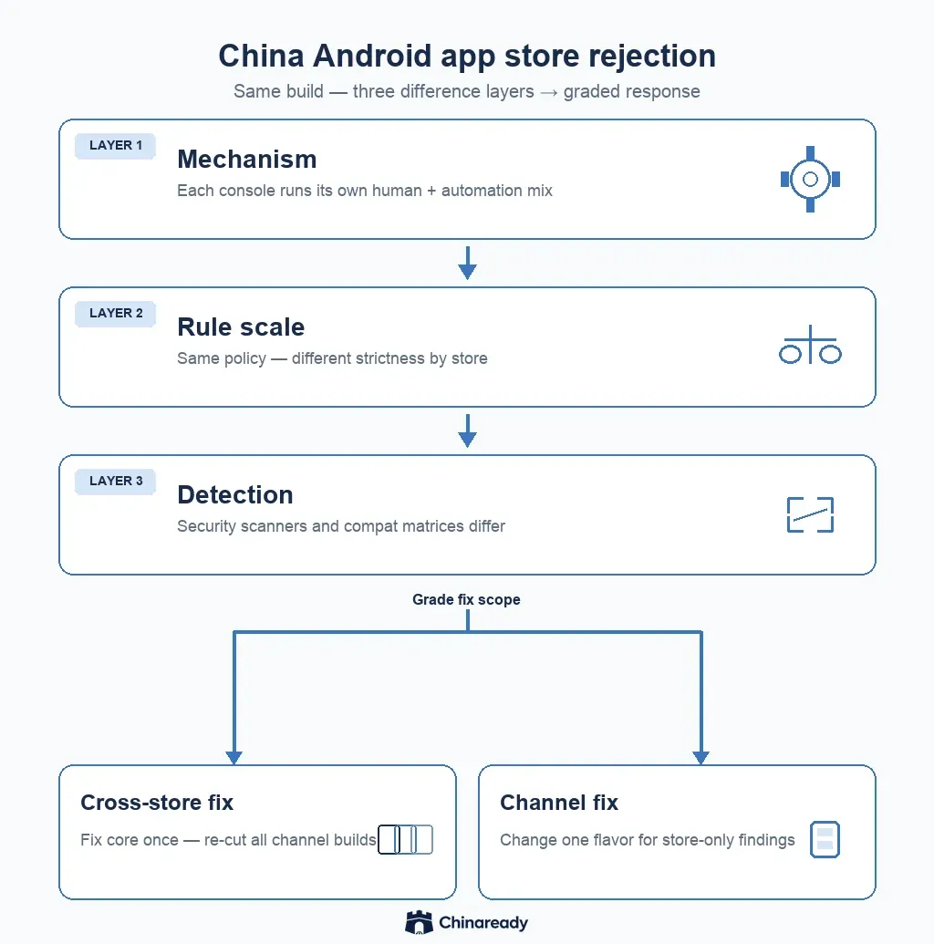 China Android app store rejection — three difference layers (mechanism, rule scale, detection) lead to graded cross-store vs channel response.