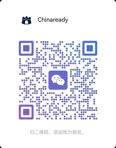 WeChat follow card with the Chinaready account name, a scannable QR code, and the WeChat ID Chinaready-co